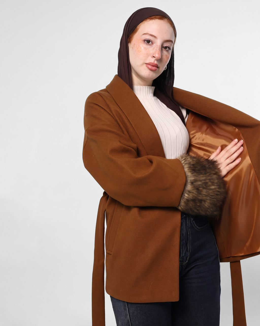 Belted brown Jacket with Fur Cuffs