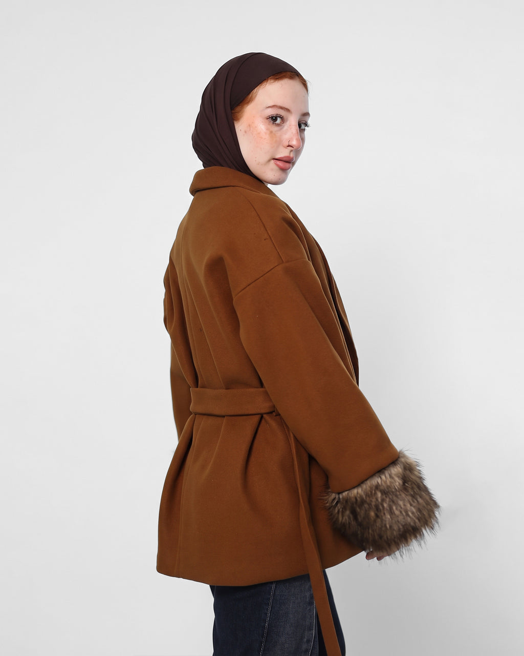 Belted brown Jacket with Fur Cuffs