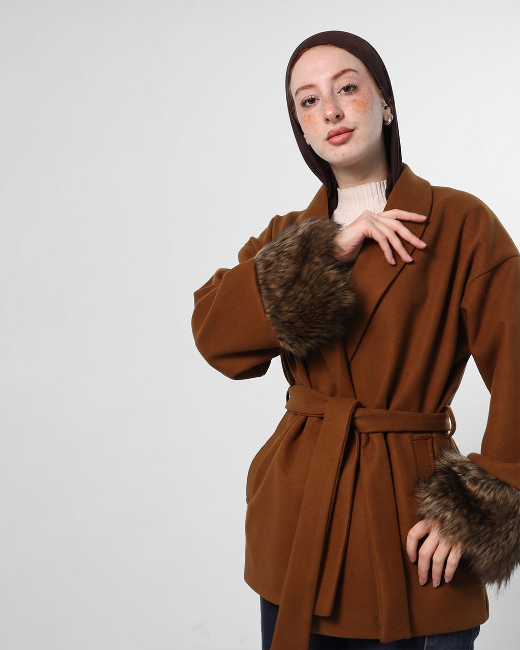 Belted brown Jacket with Fur Cuffs