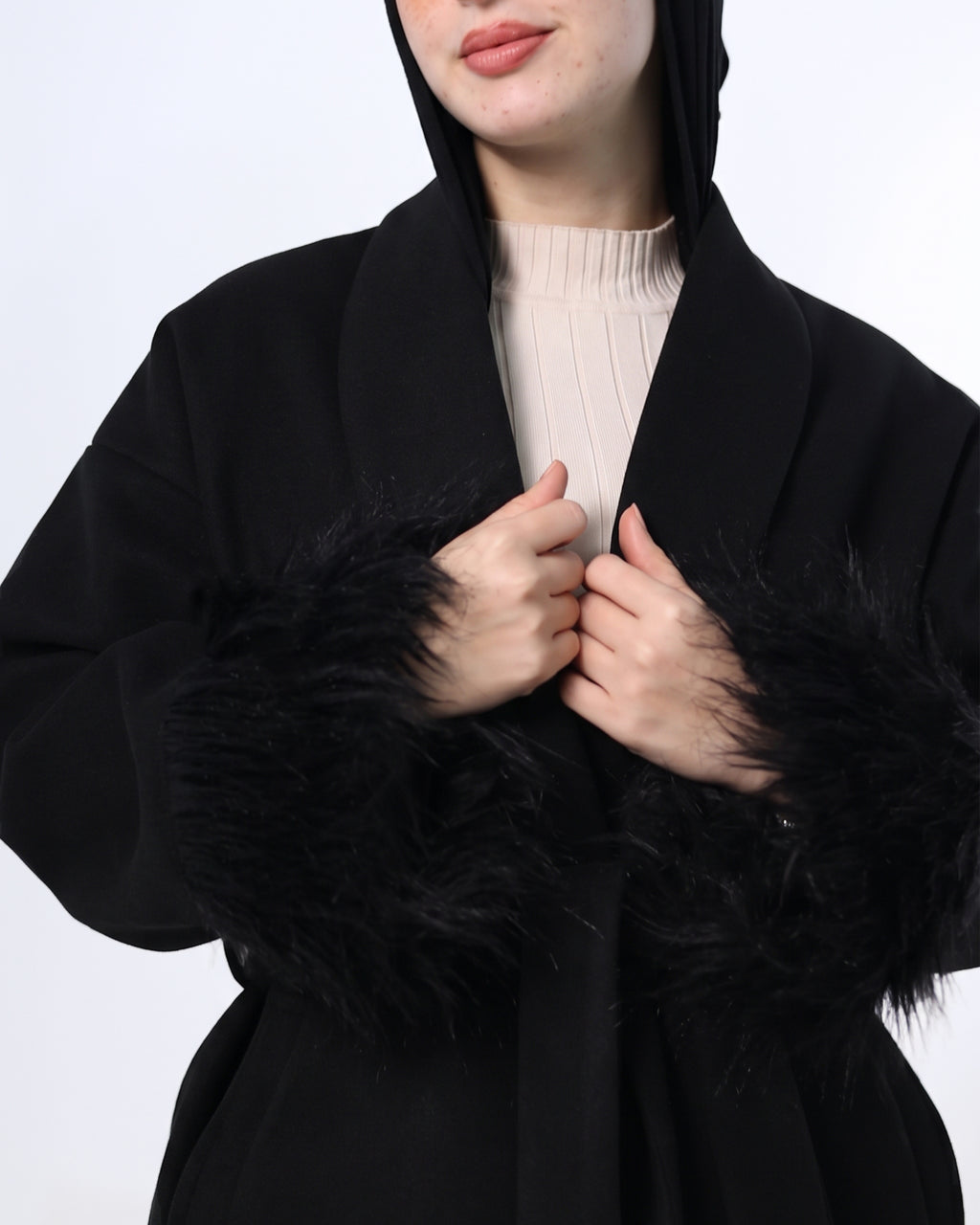 Belted Black Jacket with Fur Cuffs