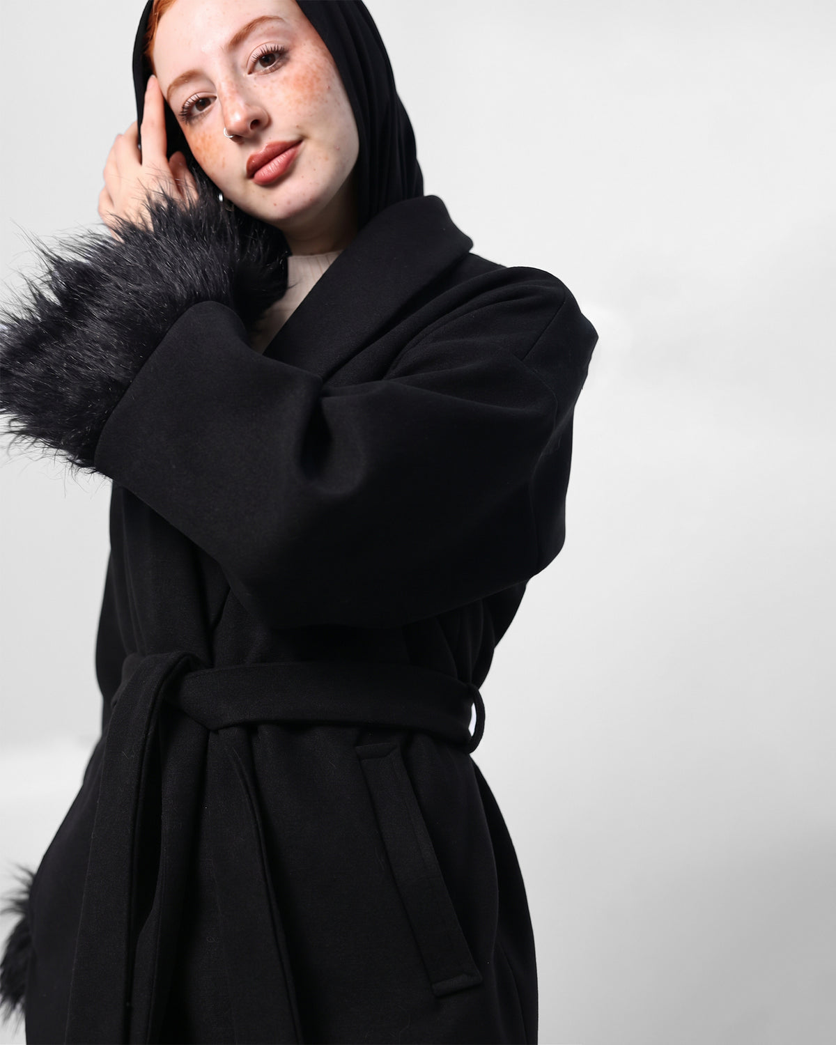 Belted Black Jacket with Fur Cuffs