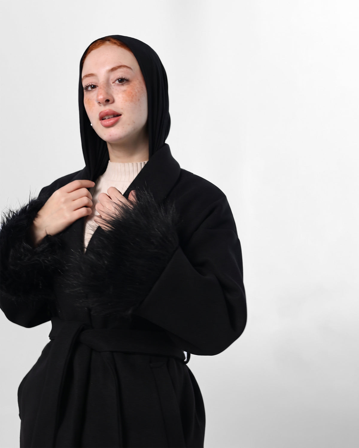 Belted Black Jacket with Fur Cuffs