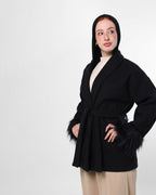 Belted Black Jacket with Fur Cuffs