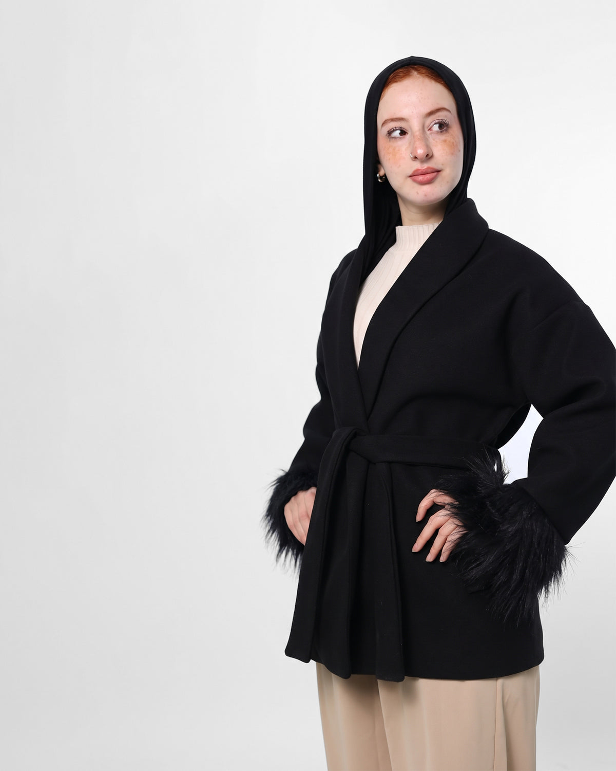 Belted Black Jacket with Fur Cuffs
