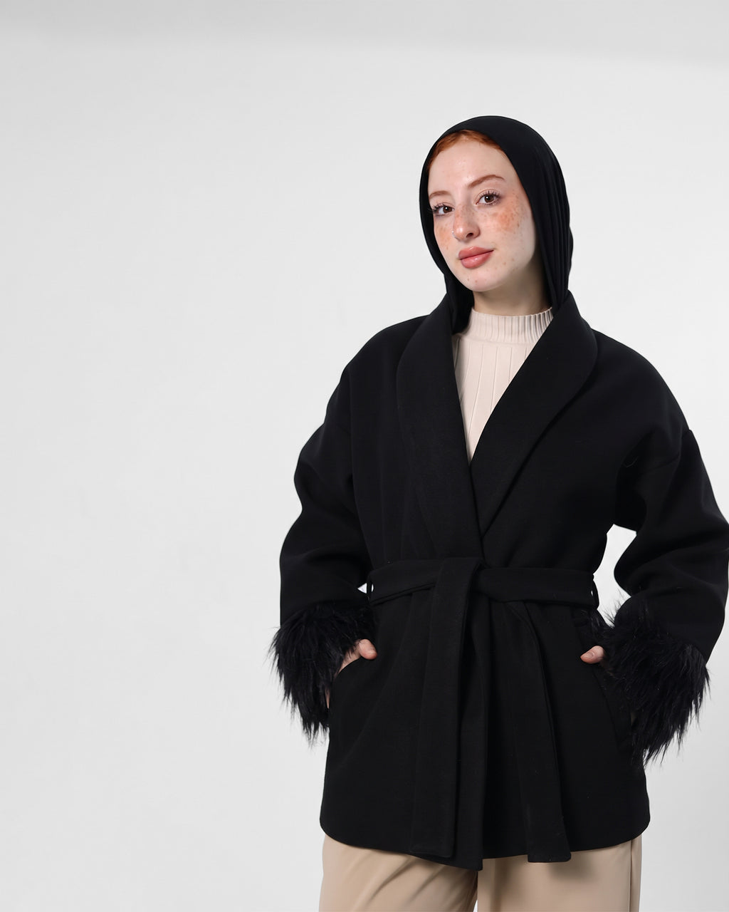 Belted Black Jacket with Fur Cuffs