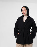 Belted Black Jacket with Fur Cuffs