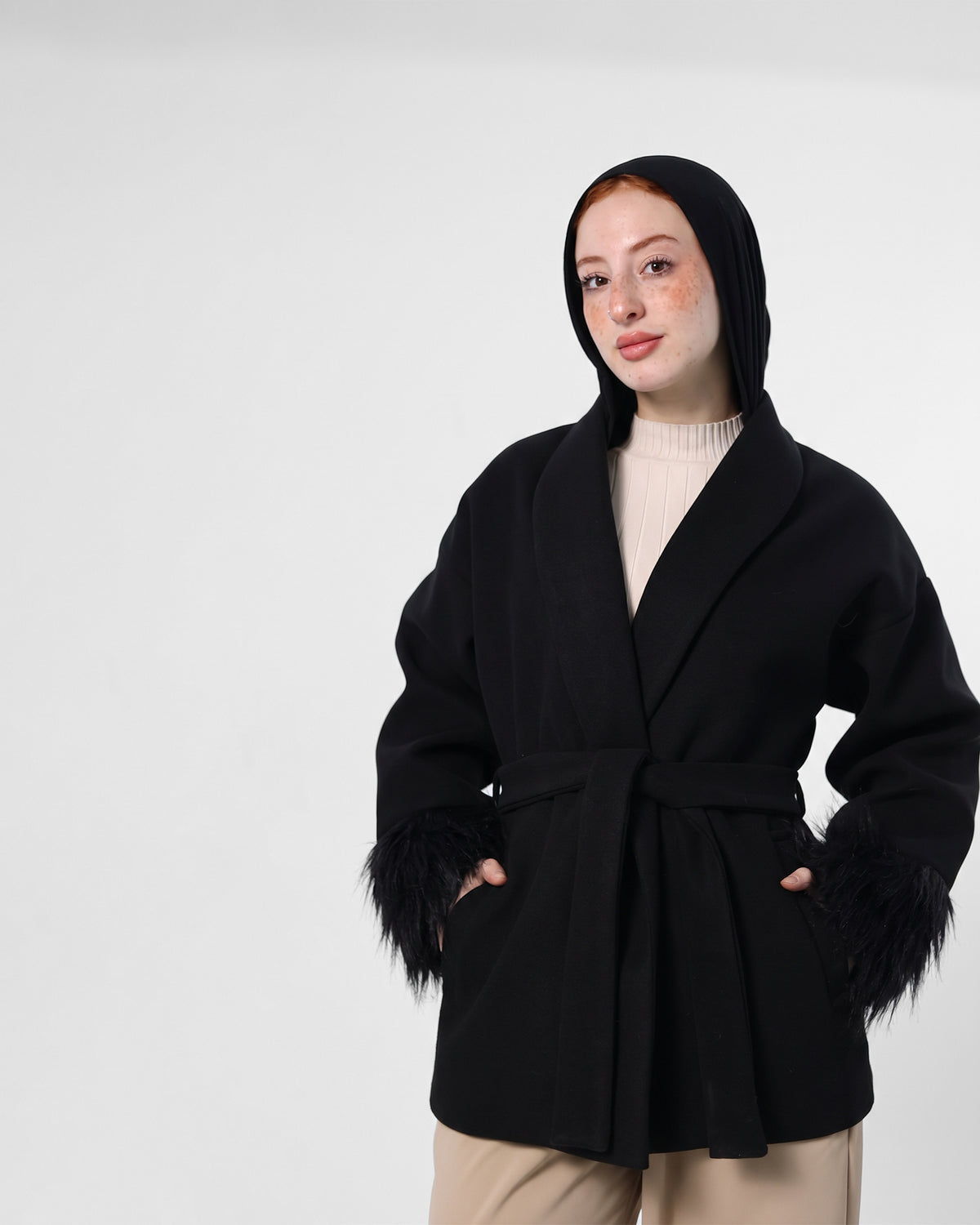 Belted Black Jacket with Fur Cuffs