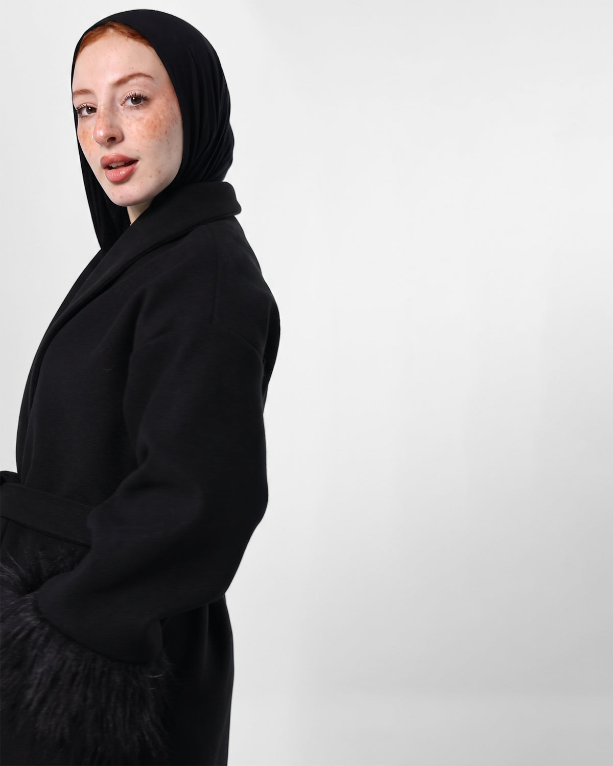 Belted Black Jacket with Fur Cuffs