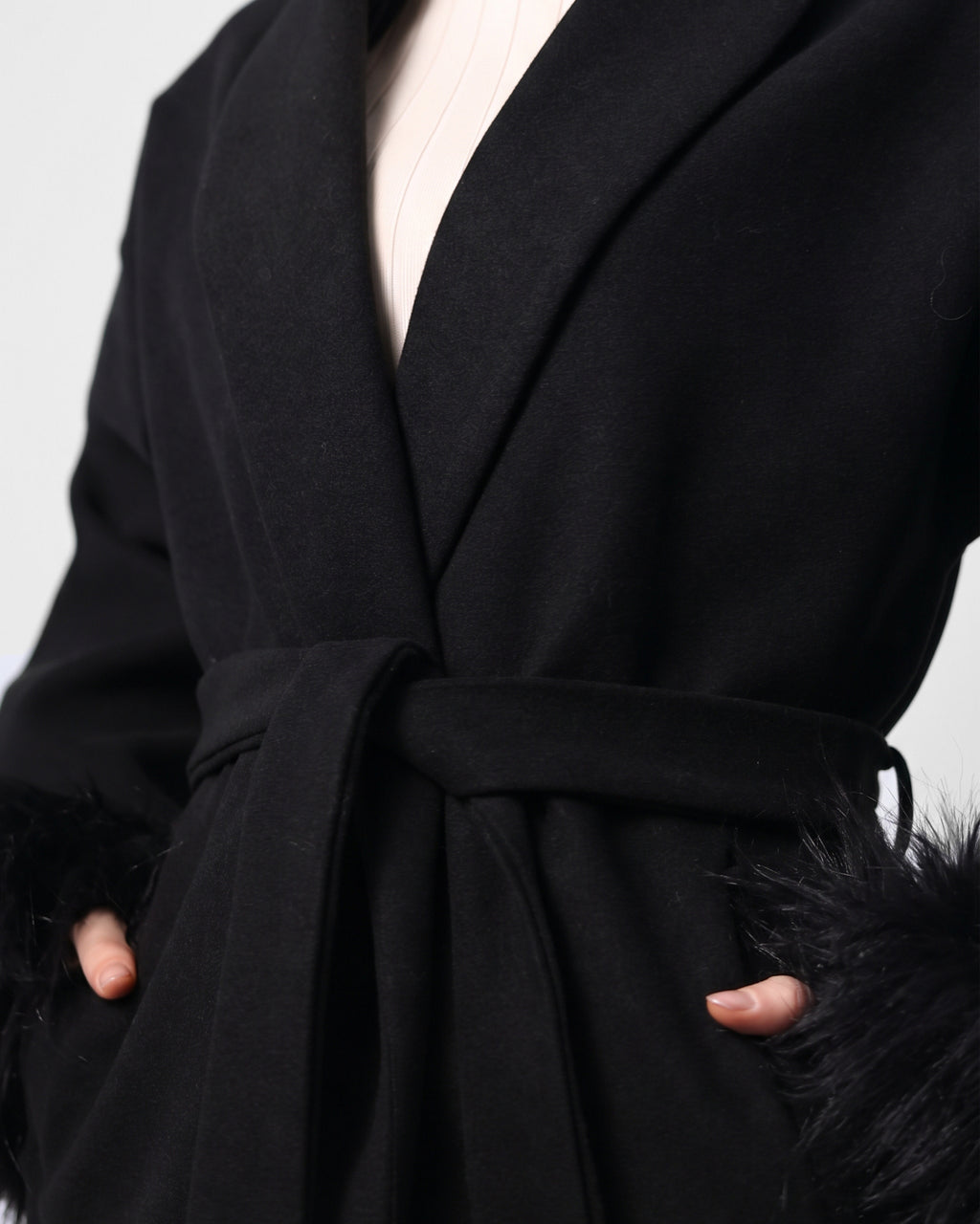 Belted Black Jacket with Fur Cuffs
