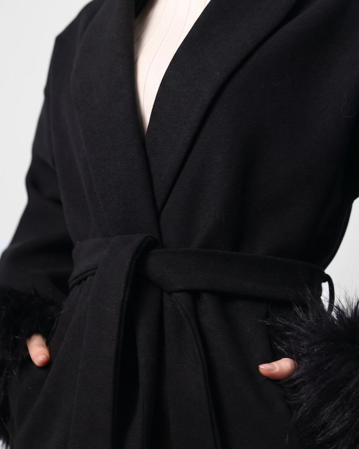 Belted Black Jacket with Fur Cuffs
