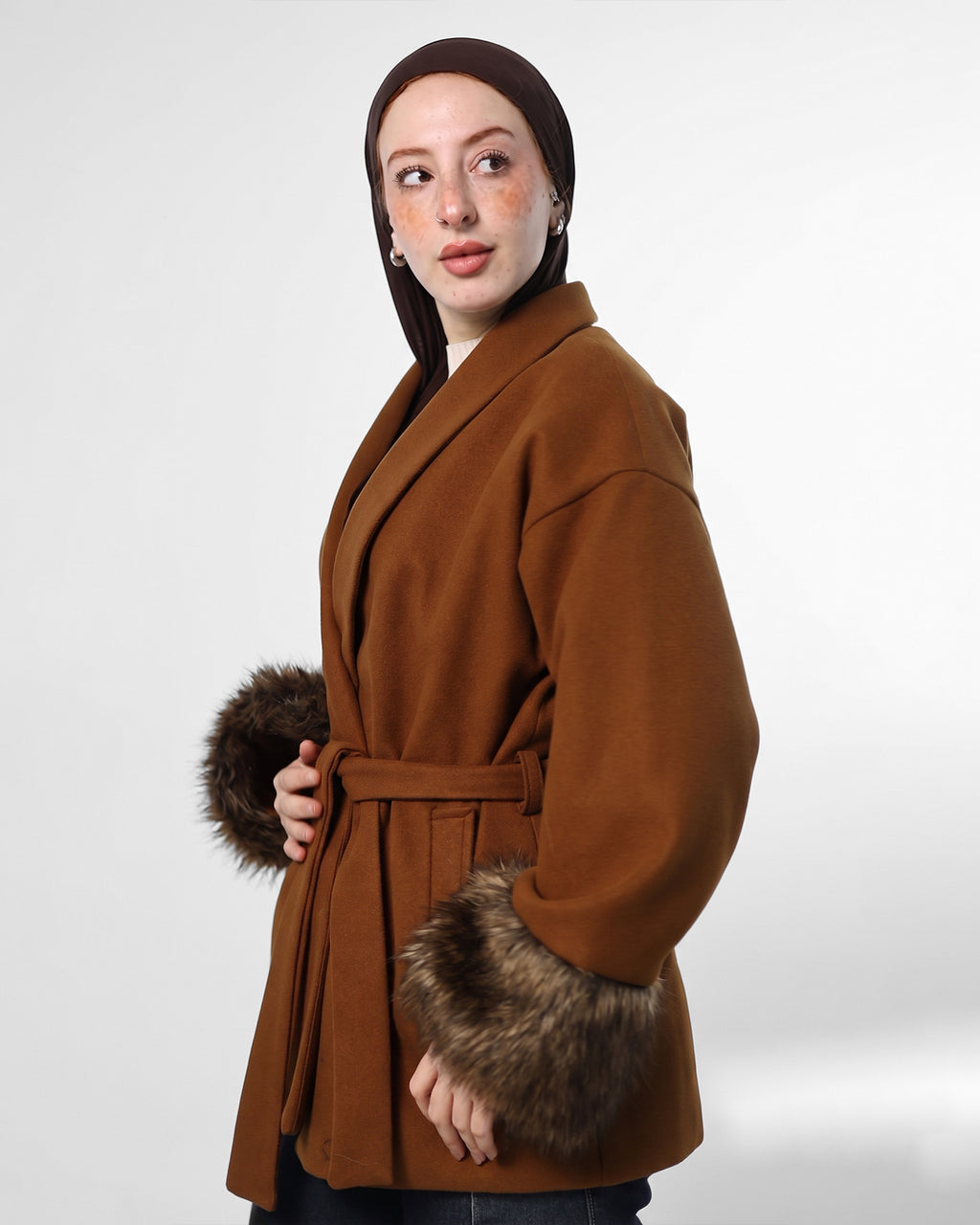 Belted brown Jacket with Fur Cuffs