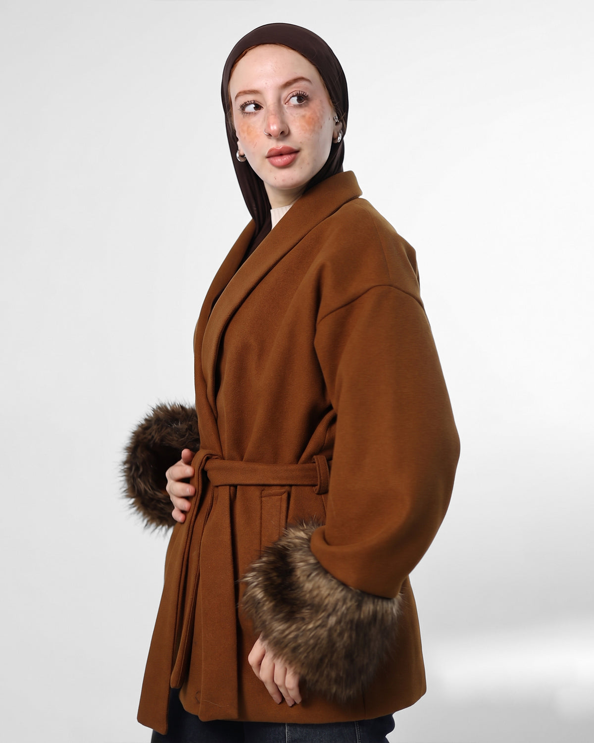Belted brown Jacket with Fur Cuffs