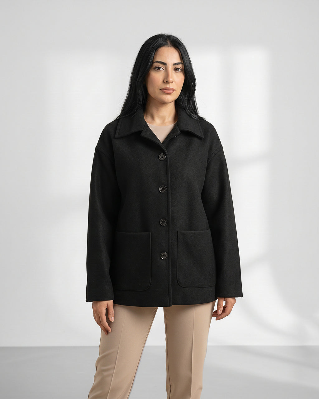 Wool-Blend Shacket | Oversized Utility Jacket with Pockets – Black