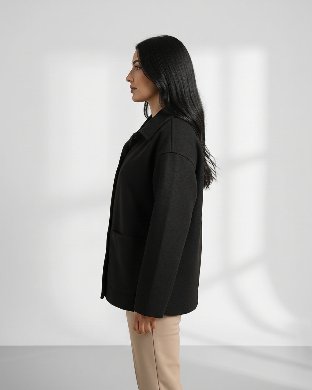 Wool-Blend Shacket | Oversized Utility Jacket with Pockets – Black