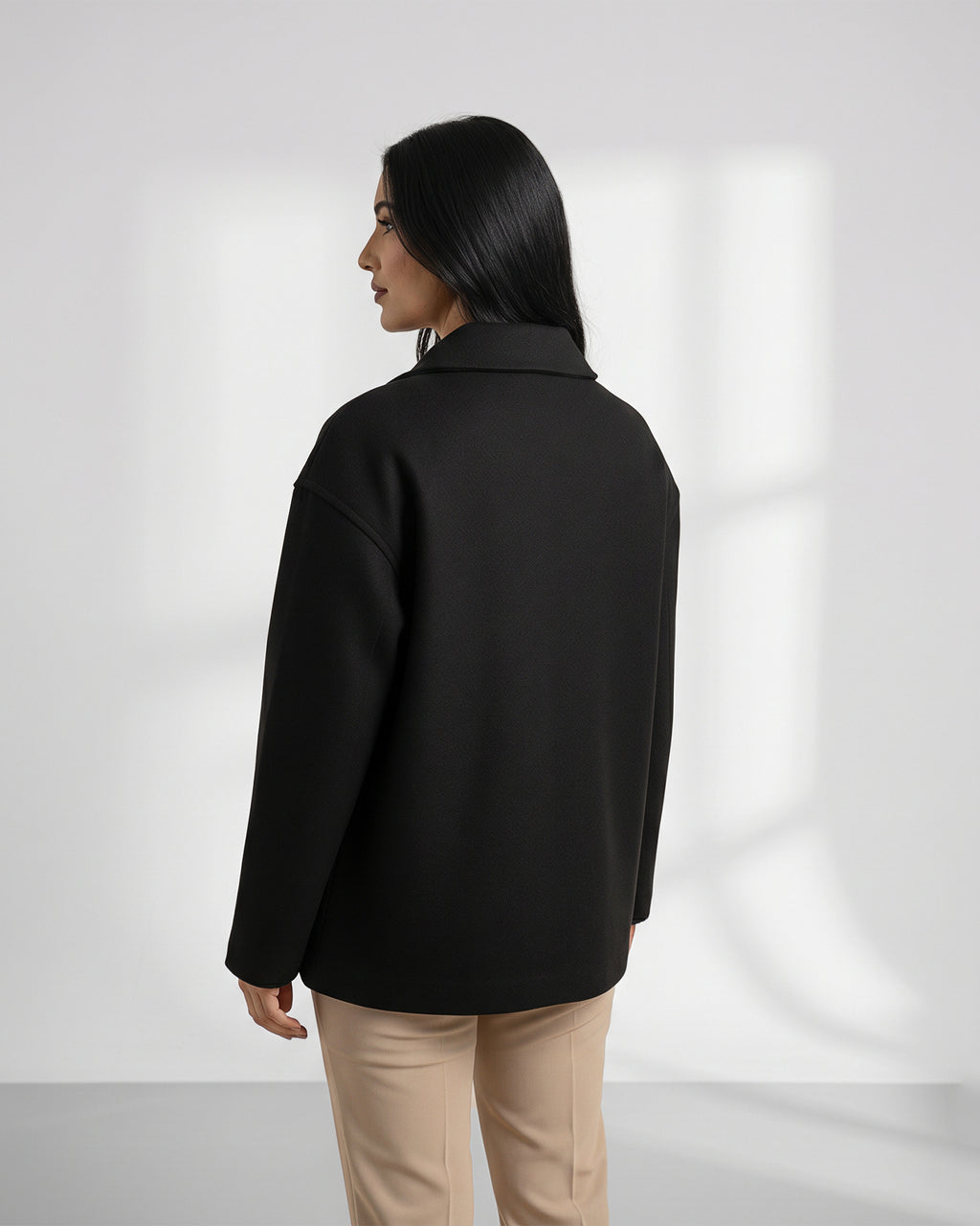 Wool-Blend Shacket | Oversized Utility Jacket with Pockets – Black