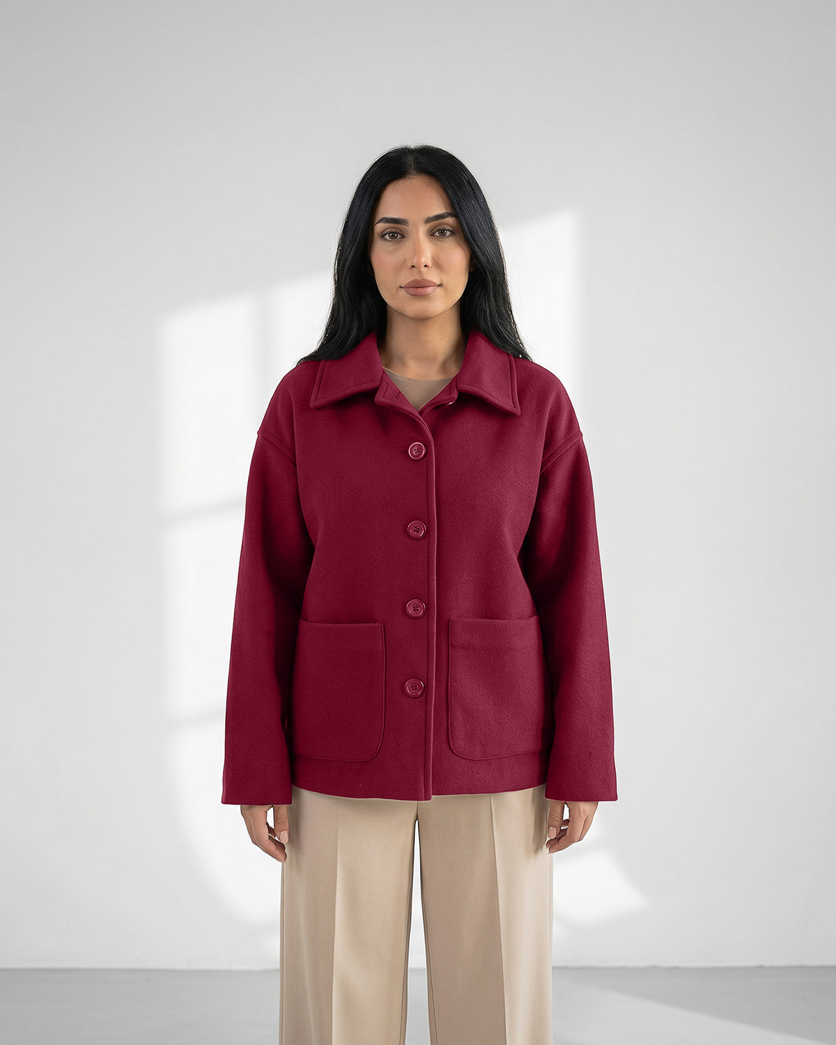 Wool-Blend Shacket | Oversized Utility Jacket with Pockets – burgundy