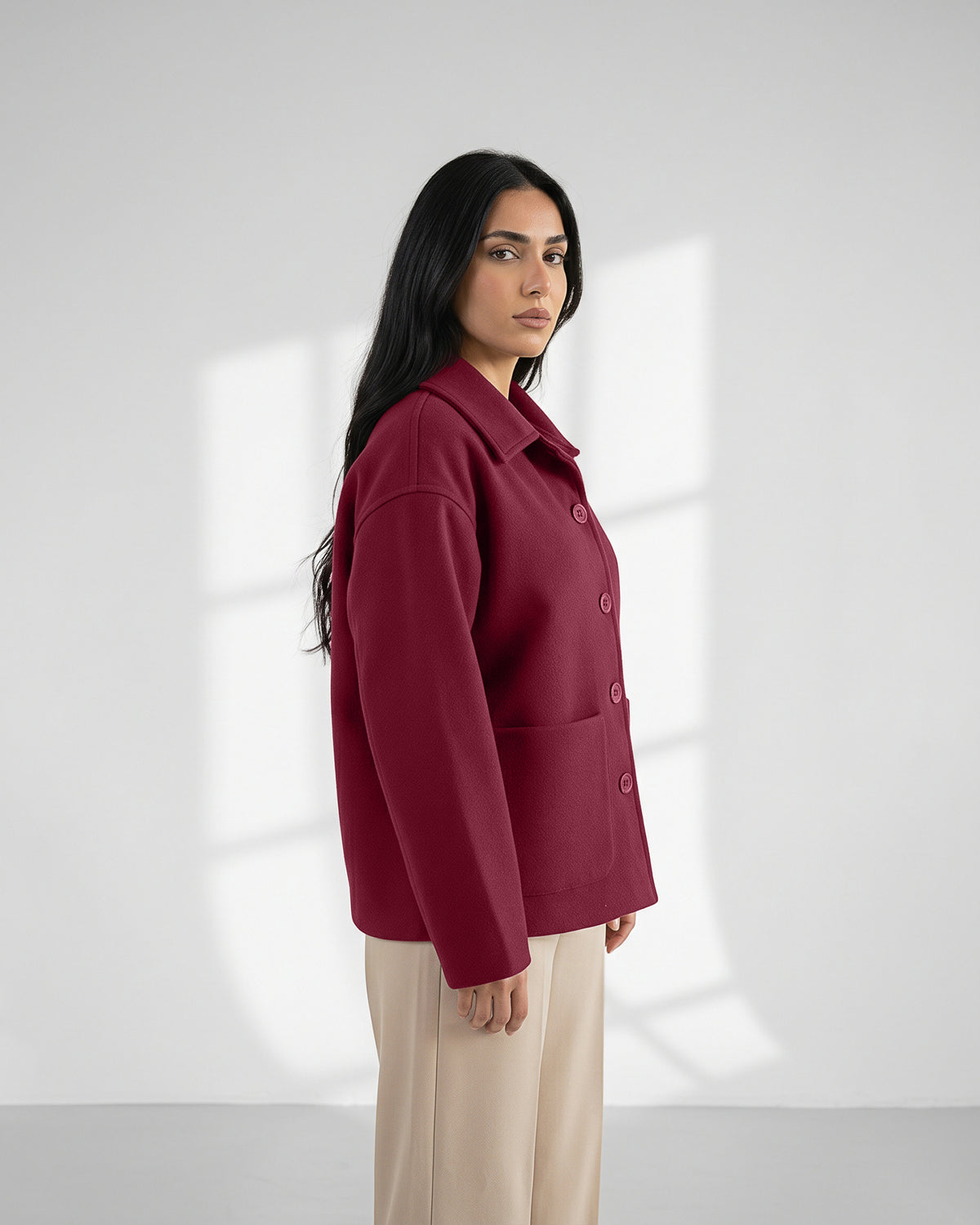Wool-Blend Shacket | Oversized Utility Jacket with Pockets – burgundy