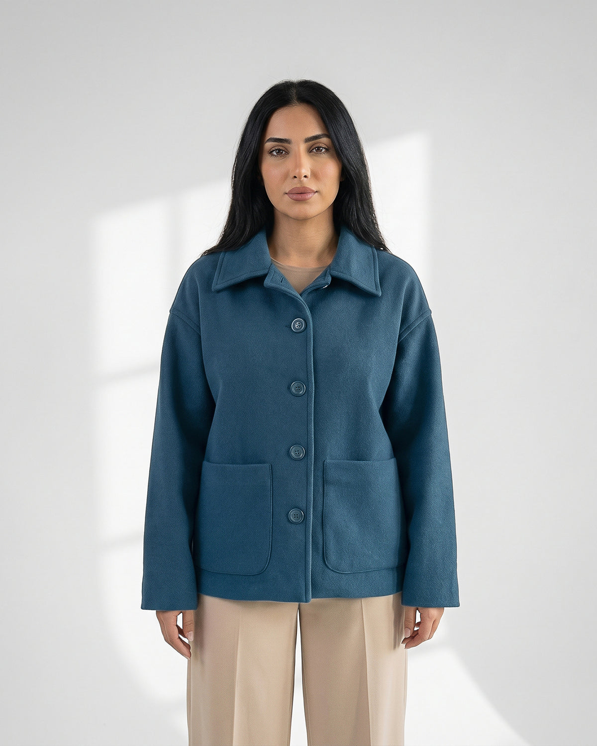 Wool-Blend Shacket | Oversized Utility Jacket with Pockets – Petrol blue