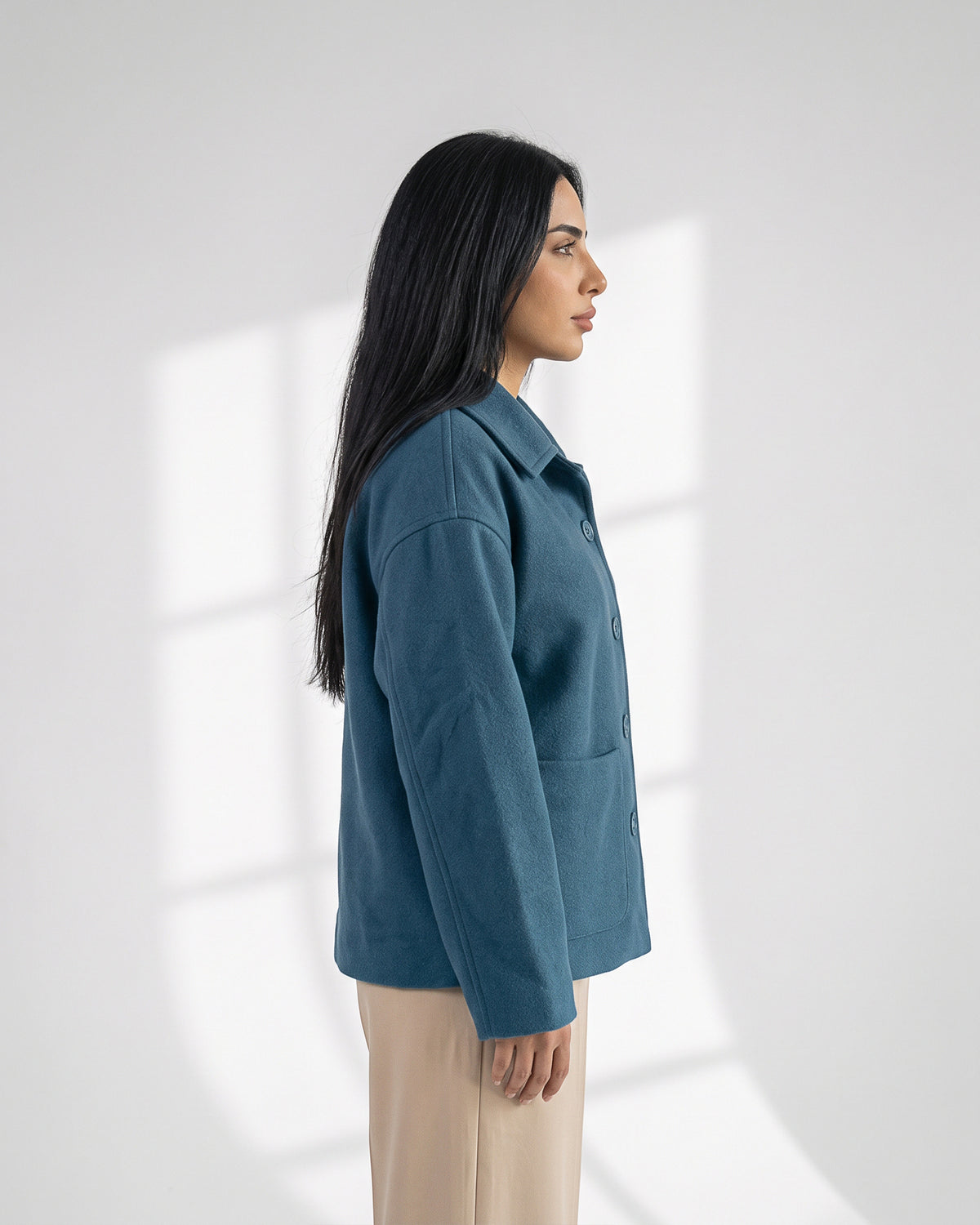 Wool-Blend Shacket | Oversized Utility Jacket with Pockets – Petrol blue