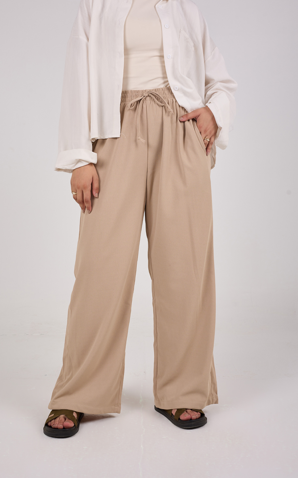 pant beg 1 Bees Essential Scuba Wide-Leg Trouser - Beige - Image 1